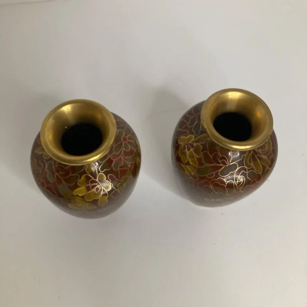 2 Vintage Floral Cloisonne Vases Brown‎ Red Black Gold 4